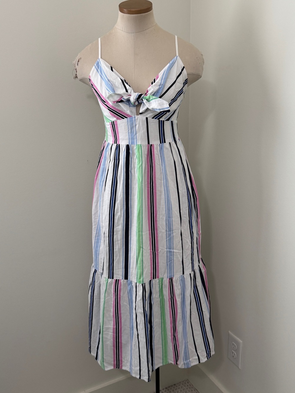 Loft 0 Striped Tie-Front Midi Dress ~ White w/ Stripes Spaghetti Straps